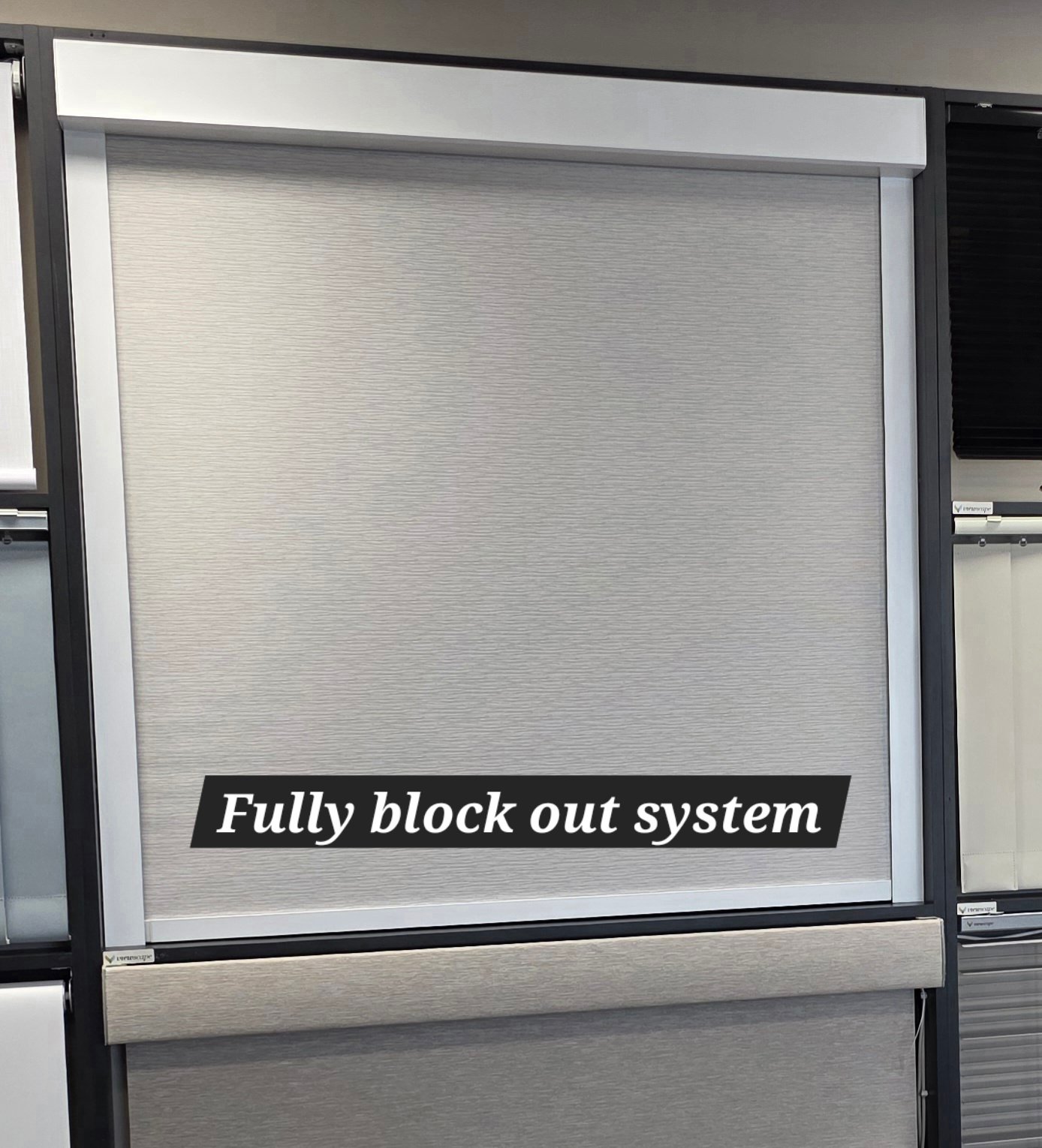 Fully block out system roller blinds in a modern display