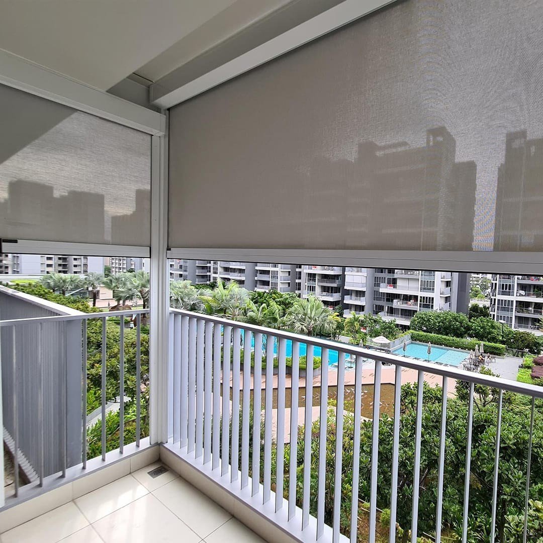 Zip-track outdoor blinds on alfresco, extended