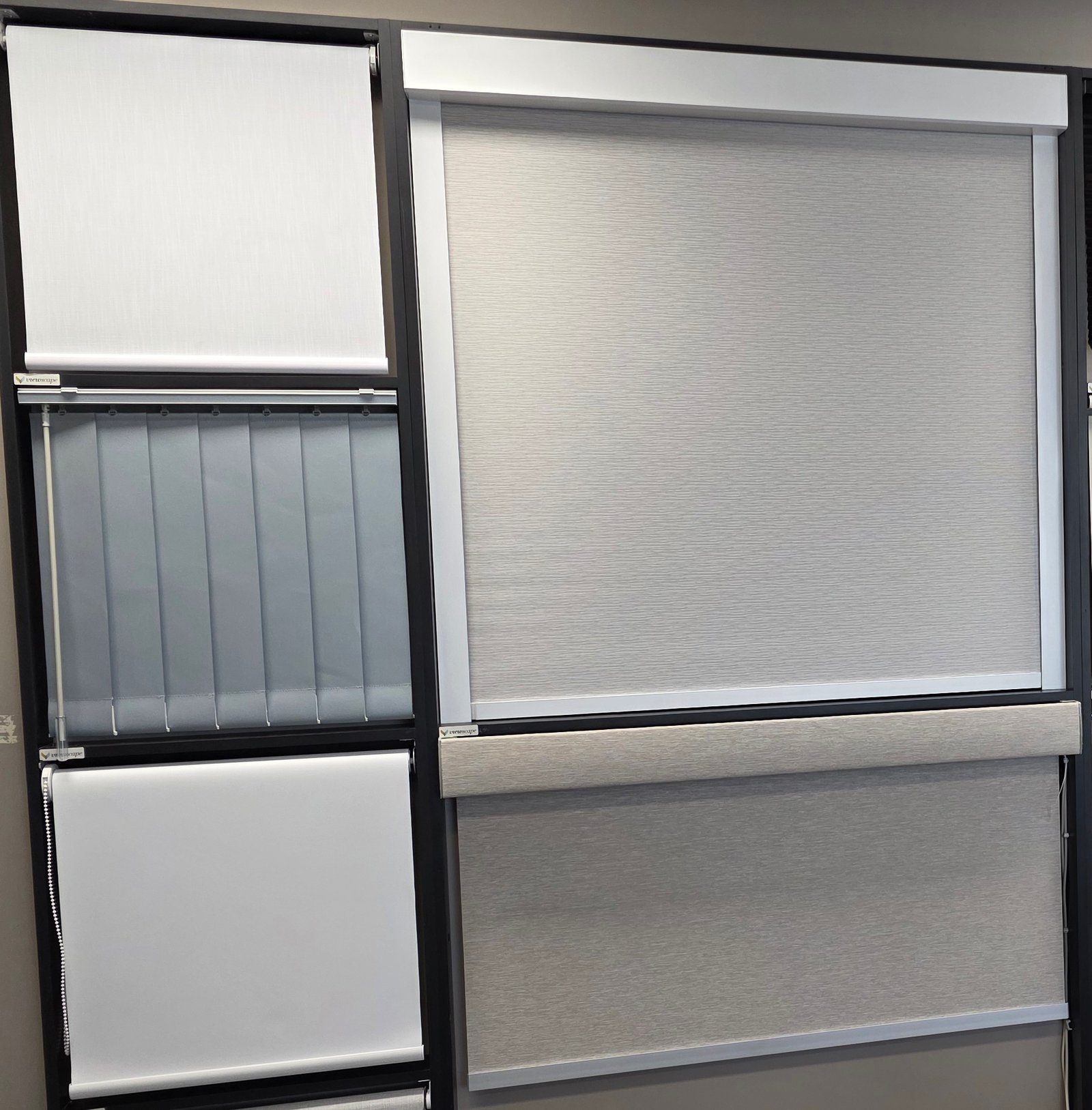 Roller and vertical blinds display, multiple fabric and colour options